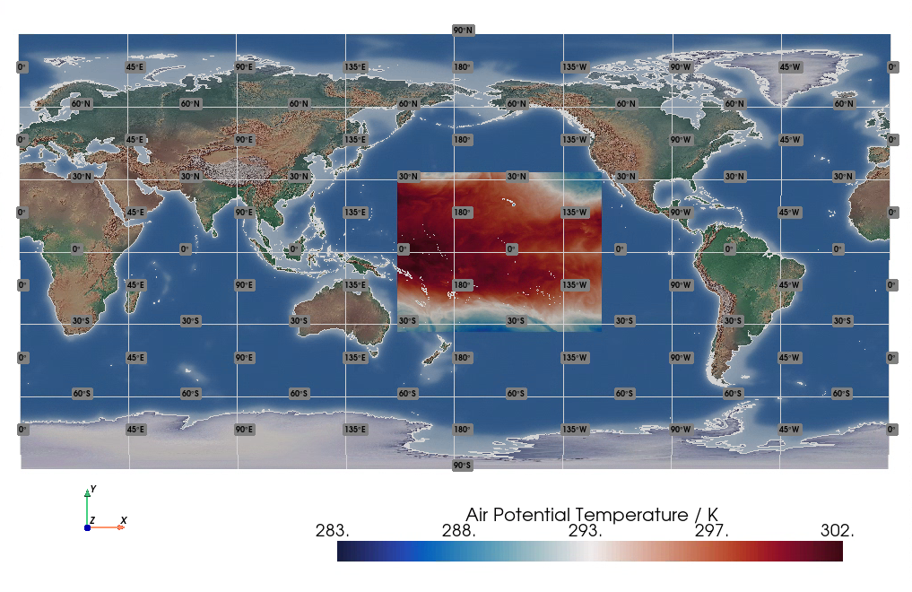 CF UGRID Local Area Model, Unstructured Quadrilateral Mesh of Air Potential Temperature in Plate Carrée Projection