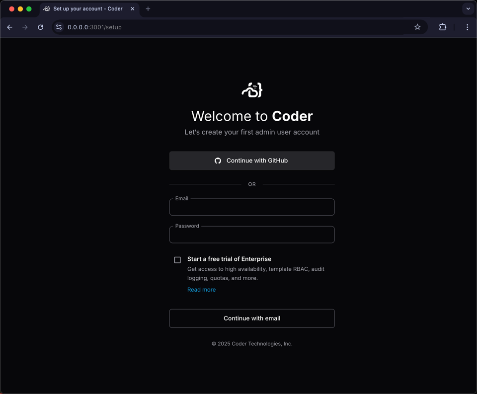 Welcome to Coder - Create admin user