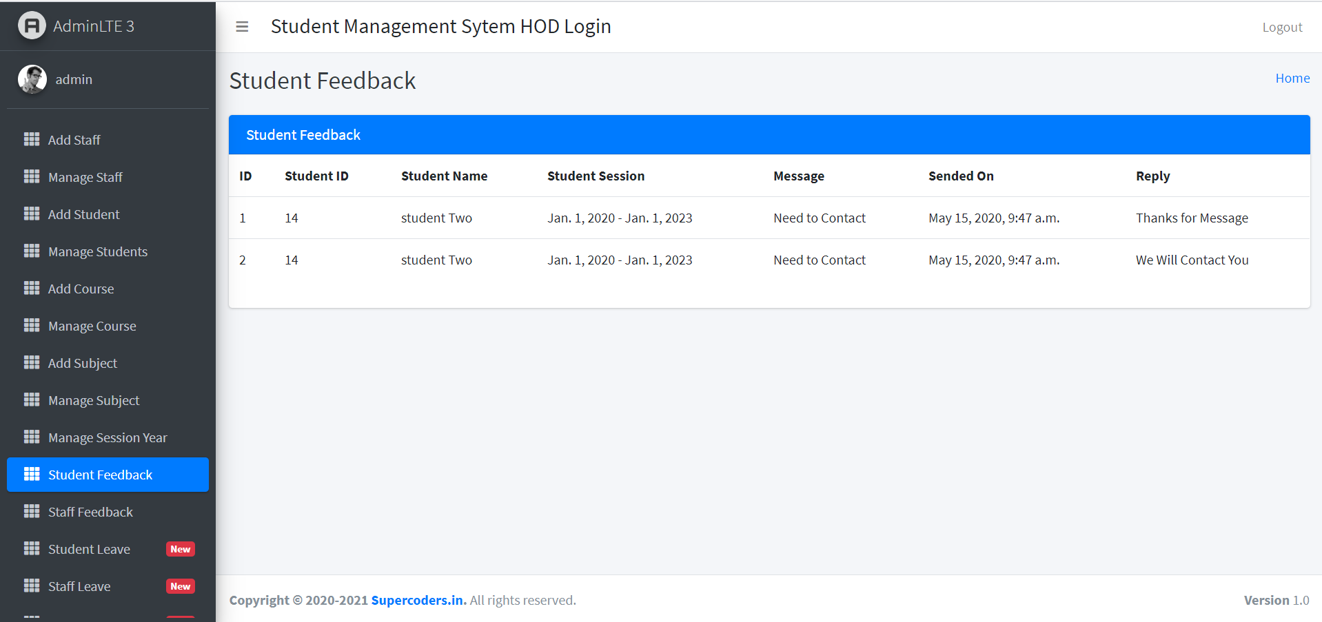 HOD Reply Student Feedback