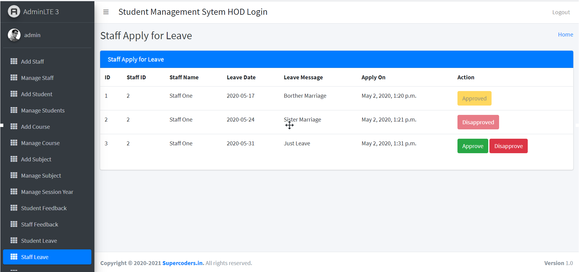 HOD Approve and Disapprove Staff Leave