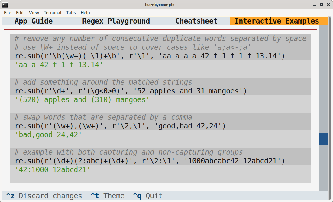 Sample screenshot from the Interactive Examples screen