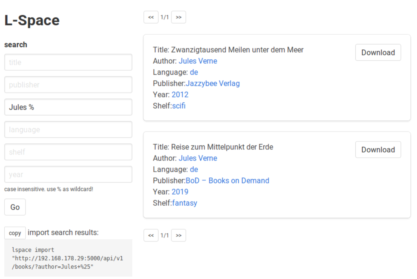 screenshot of the L-Space web interface L-Space web interface