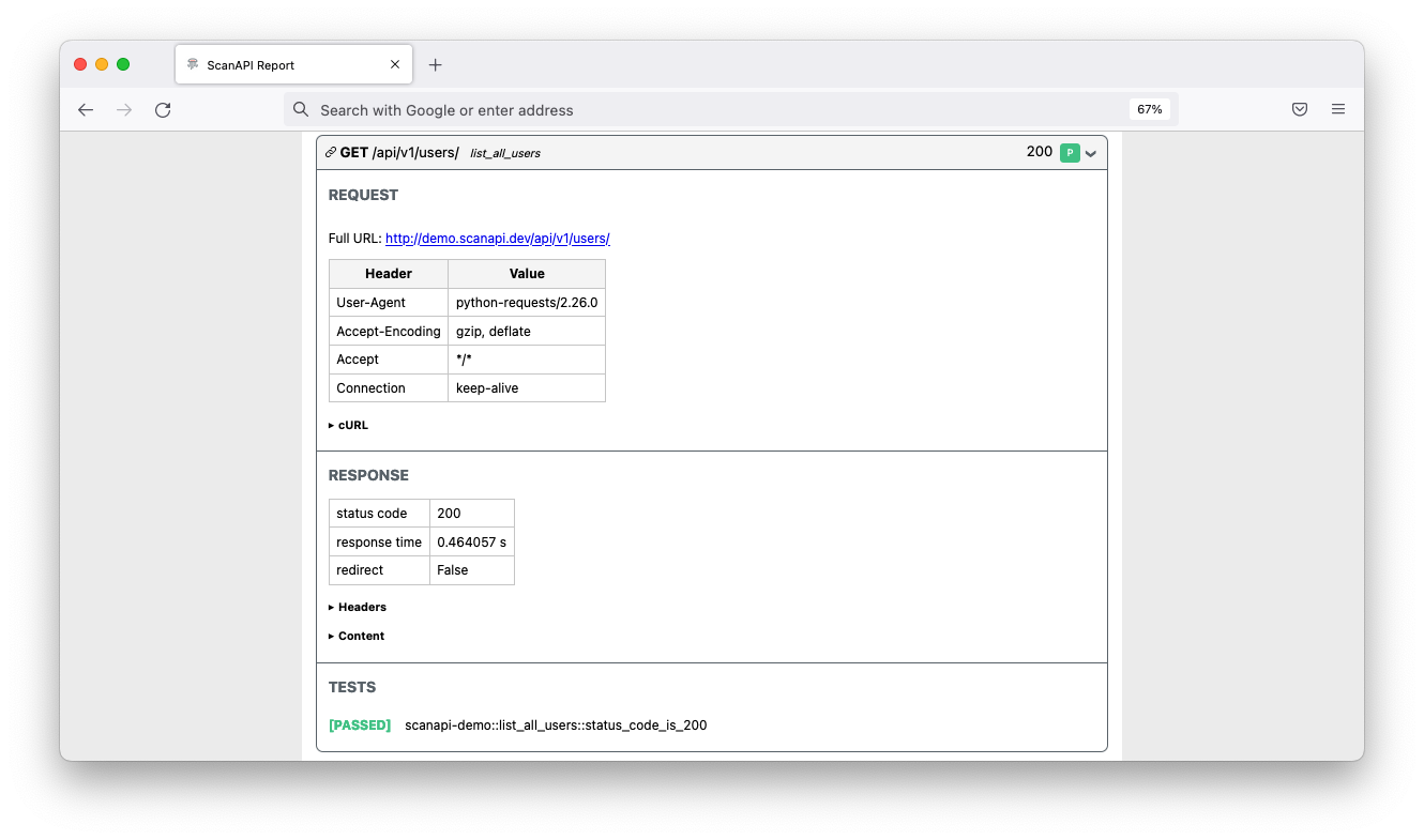 A screenshot of the report showing the request details.
