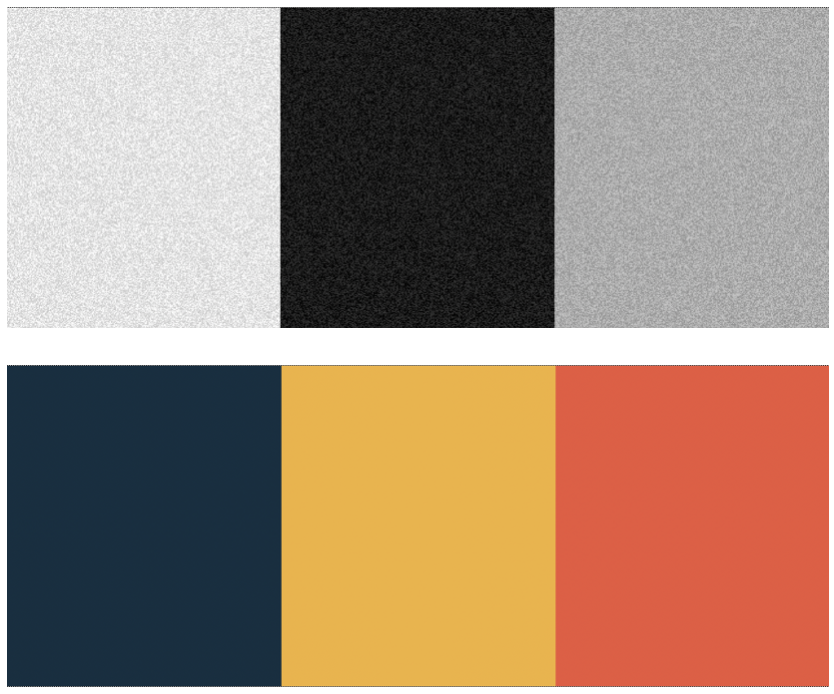 Continuous value connected components (top) A three tone grayscale image with signed additive low magnitude noise (bottom) Extracted components using continuous value CCL with a delta value greater than the noise magnitude but smaller than the difference between tones