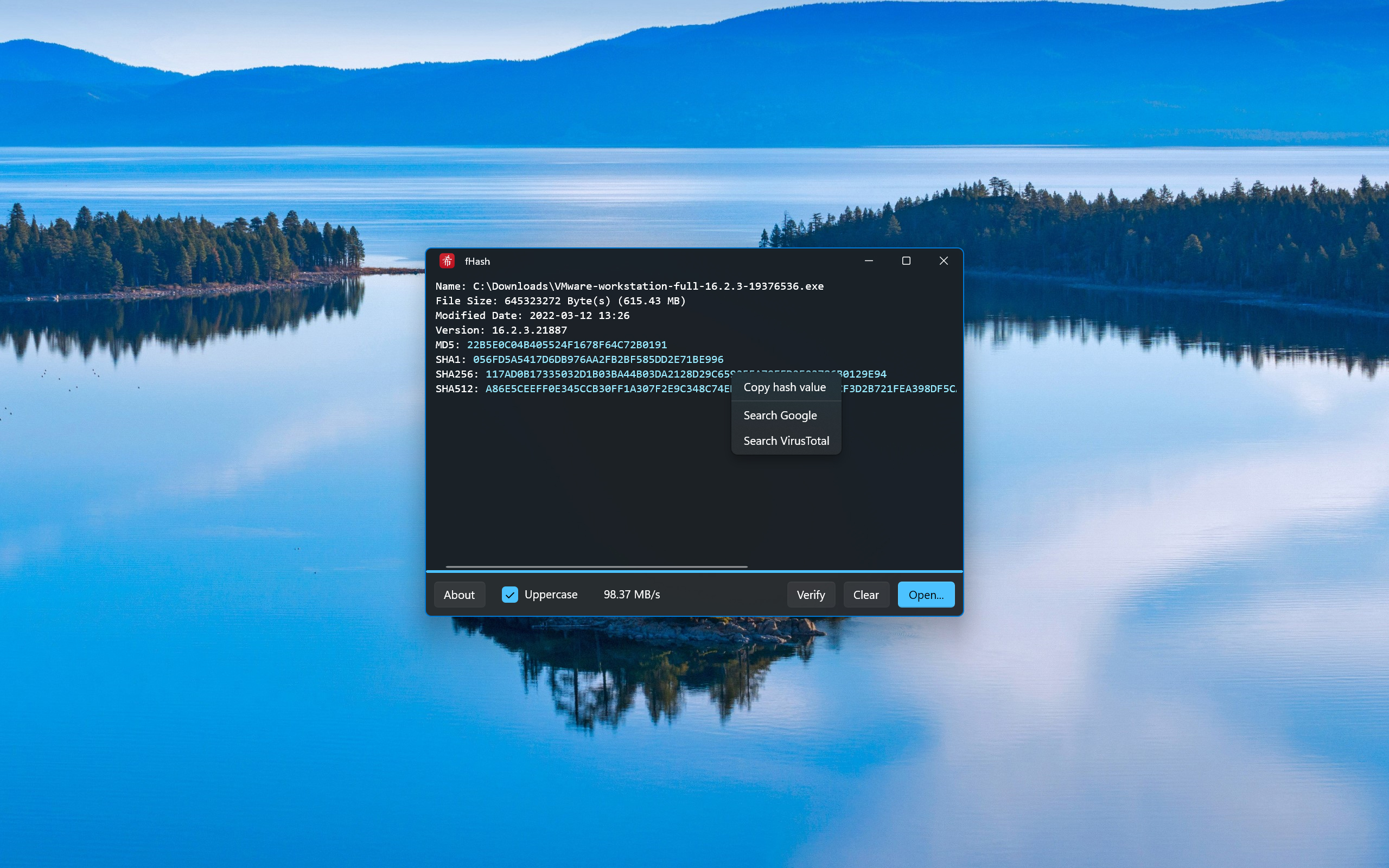 Image of hash result in dark mode