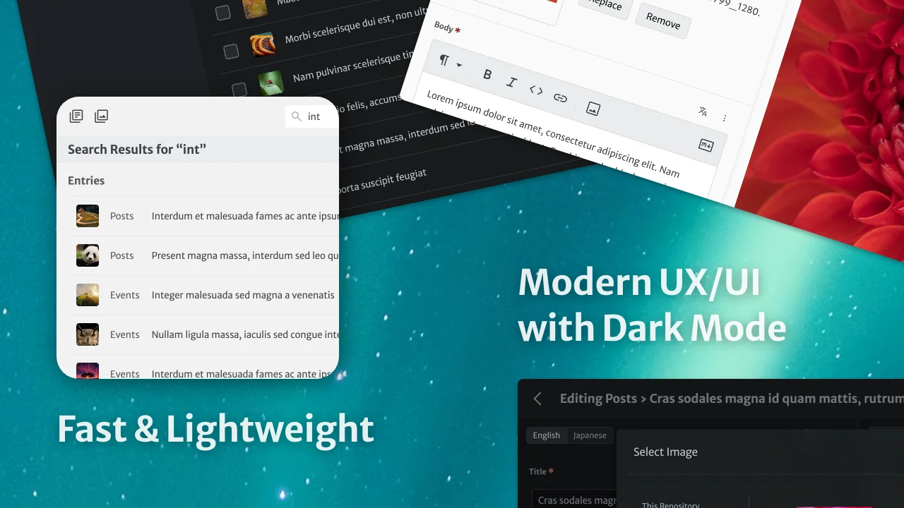 Fast and lightweight; modern UX/UI with dark mode