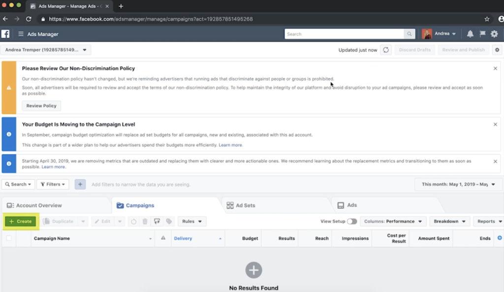 The main screen of Facebook Ads Manager, where the ad creation process starts