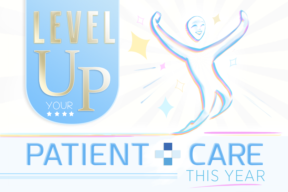 Graphic showing a sketch of a person jumping/celebrating and the text: Level Up your patient care this year