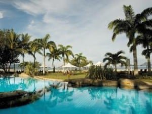 Pool and beach at Shangri-La Rasa Ria Resort