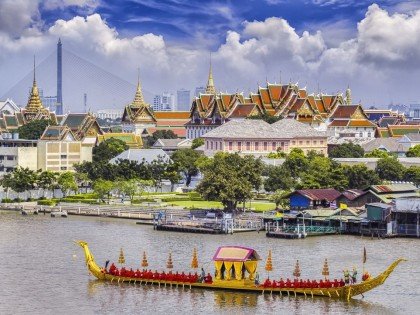 King's Palace with Guard Boat on the River, Bangkok, Thailand