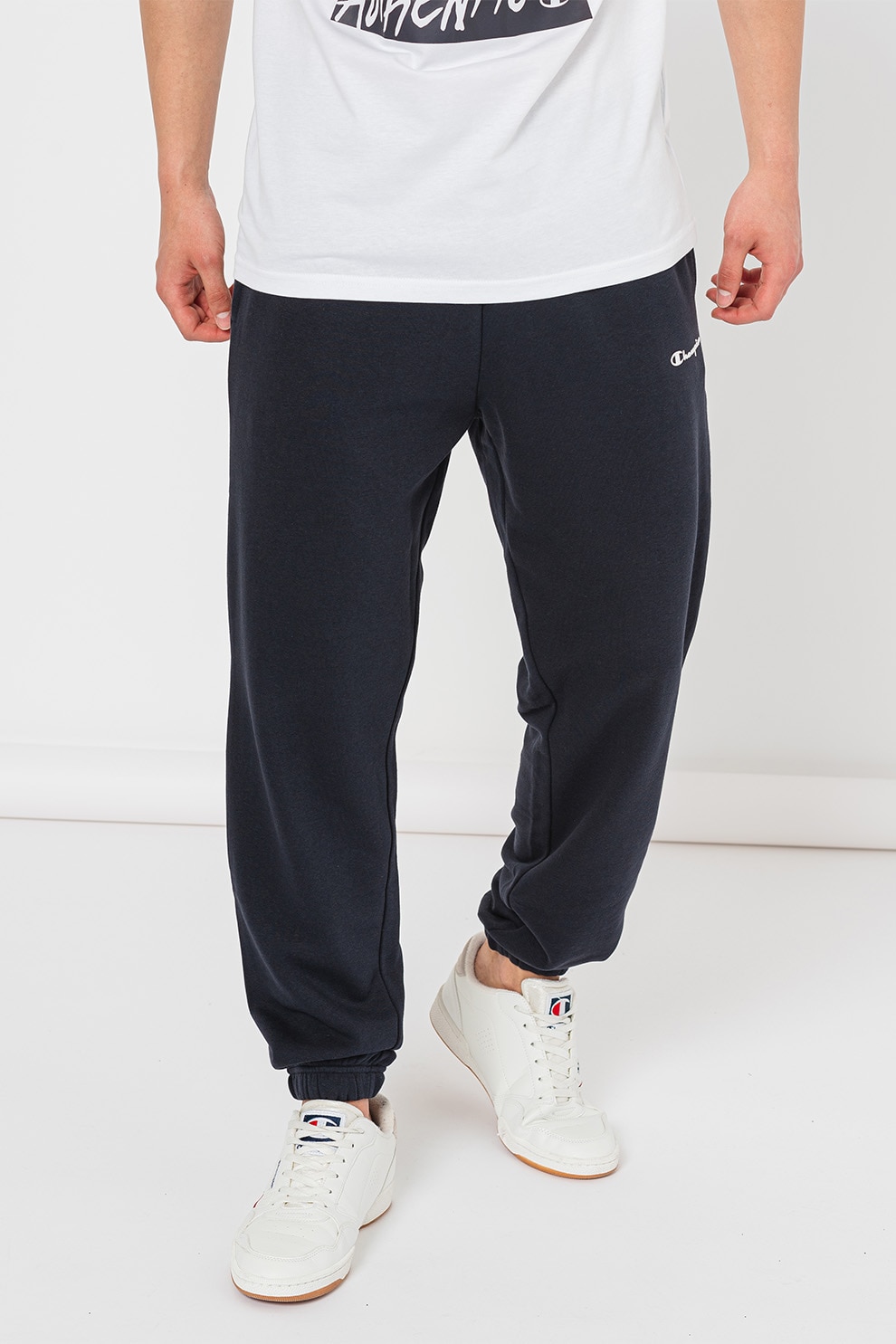 Champion, Pantaloni de trening cu model uni si detaliu logo, Albastru ultramarin