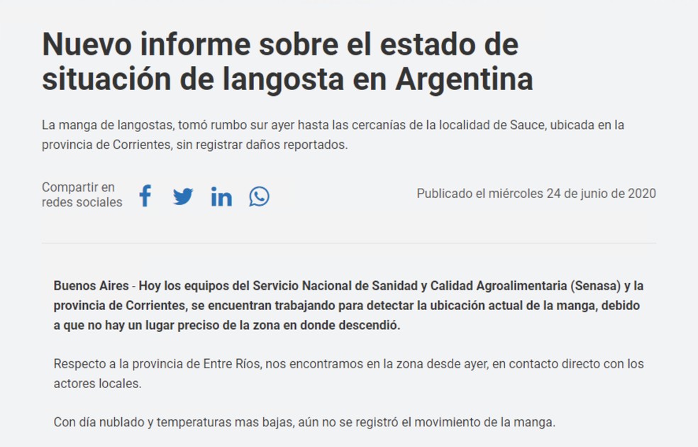 Governo argentino lançou boletim sobre a situação na quarta-feira — Foto: Reprodução 