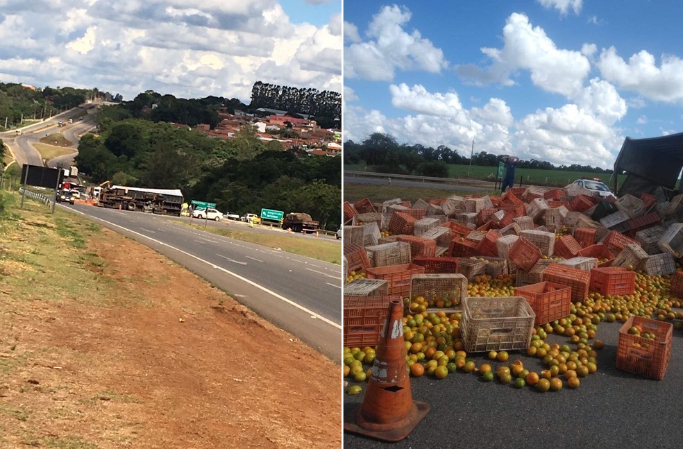 Caminhão tomba e espalha carga de laranjas na Rodovia Raposo Tavares em Itapetininga — Foto: Jornal CNet/Divulgação