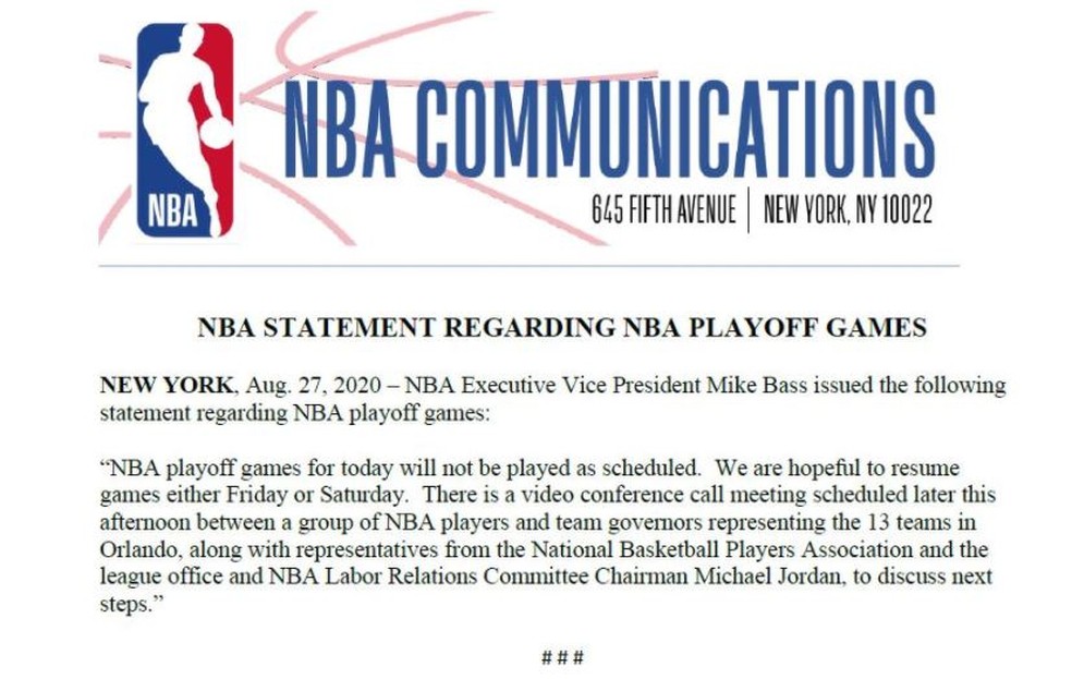 Comunicação da NBA sobre jogos desta quinta-feira — Foto: Reprodução