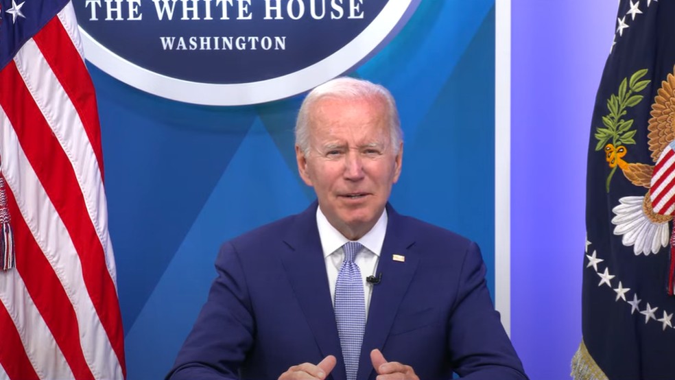 Biden na coletiva de imprensa que apresentou a foto. — Foto: Casa Branca/YouTube/Reprodução