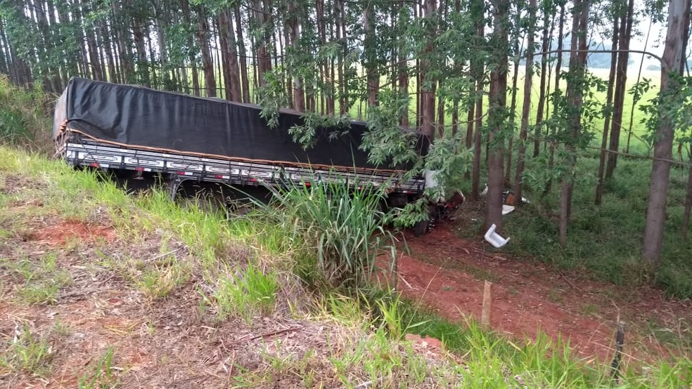 Caminhão caiu em uma ribanceira de aproximadamente quatro metros de altura em rodovia de Avaré — Foto: Corpo de Bombeiros/Divulgação