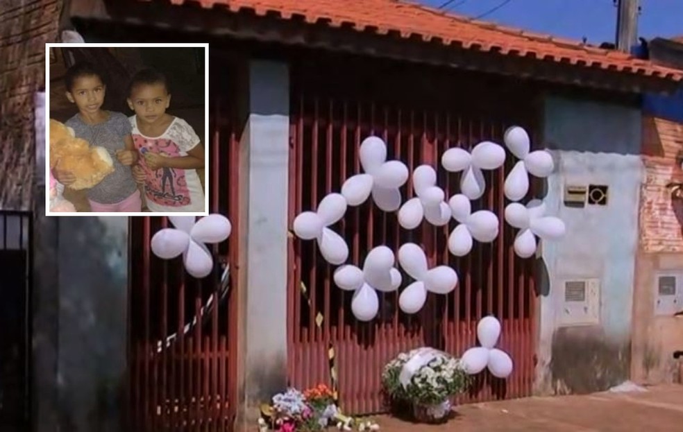 Com bexigas brancas e posts na web, comunidade se despede de meninas mortas pelo pai em Taquarituba — Foto: TV TEM/Reprodução 