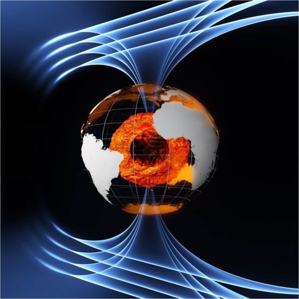 A maior parte do campo magnético da Terra é gerado por convecção a partir de ferro derretido no exterior do núcleo. O campo protege a vida terrena contra a radiação espacial (Foto: ESA)