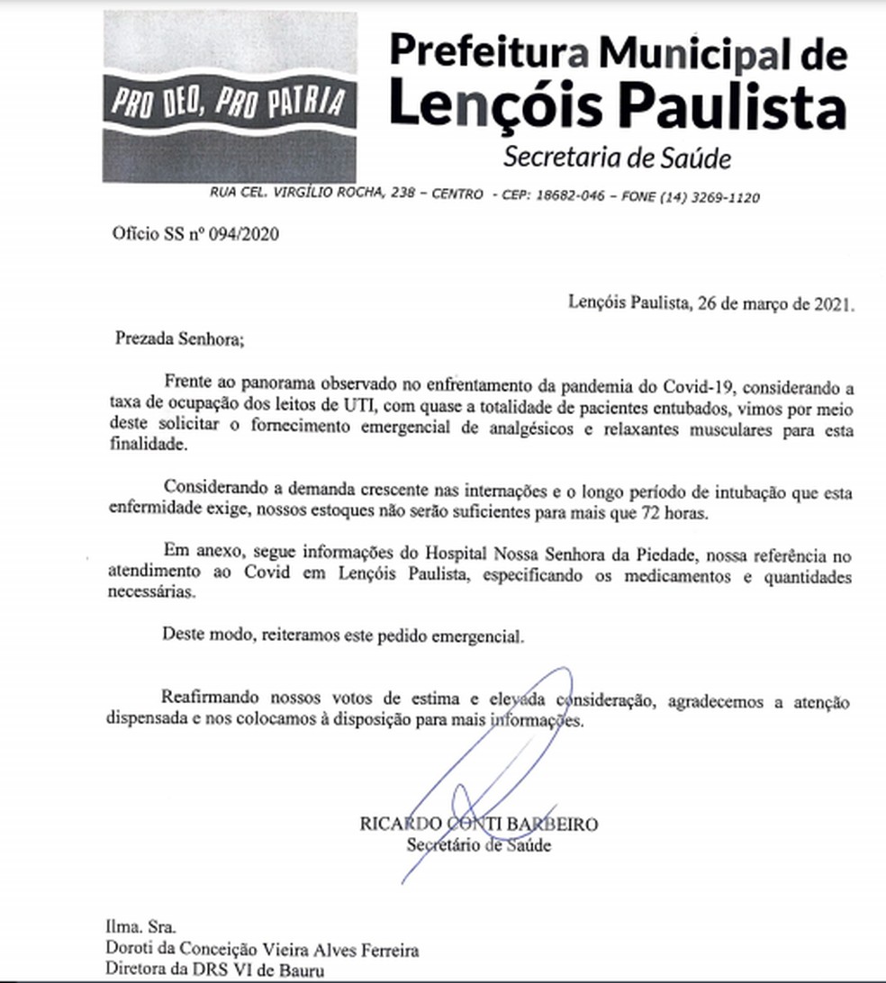 Prefeitura de Lençóis Paulista (SP)  envia ofício a DRS de Bauru solicitando 'kit intubação' nesta sexta-feira (26)  — Foto: Prefeitura de Lençóis Paulista/ Divulgação