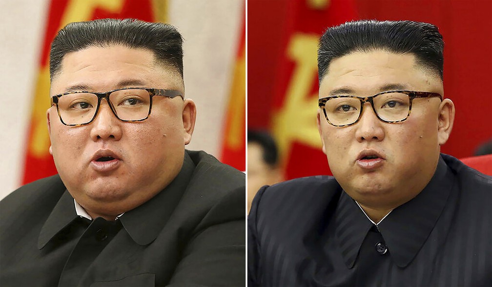 Montagem com fotos de Kim Jong-un em 8 de fevereiro (esquerda) e 15 de junho deste ano evidencia rosto mais magro do ditador norte-coreano — Foto: KCNA via AP