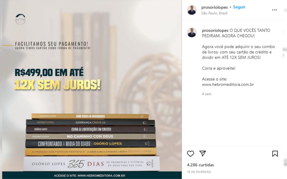Livros vendidos em rede social do pastor Osório José Lopes — Foto: Reprodução/Instagram