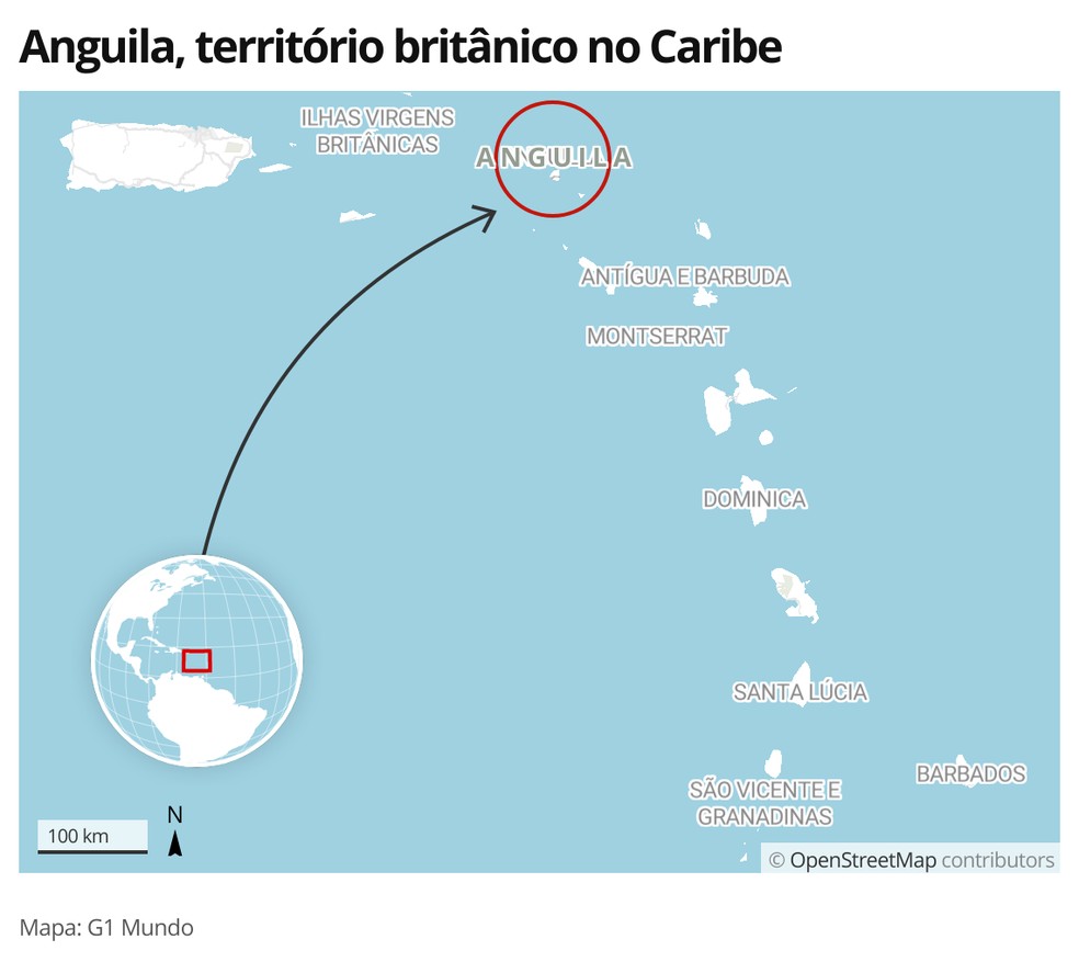 Mapa mostra localização de Anguila, território britânico no Caribe — Foto: G1 Mundo