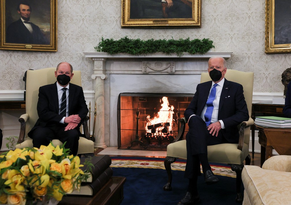 Chanceler alemão Olaf Scholz durante encontro na Casa Branca com Joe Biden, nesta segunda-feira (7). — Foto: REUTERS/Leah Millis