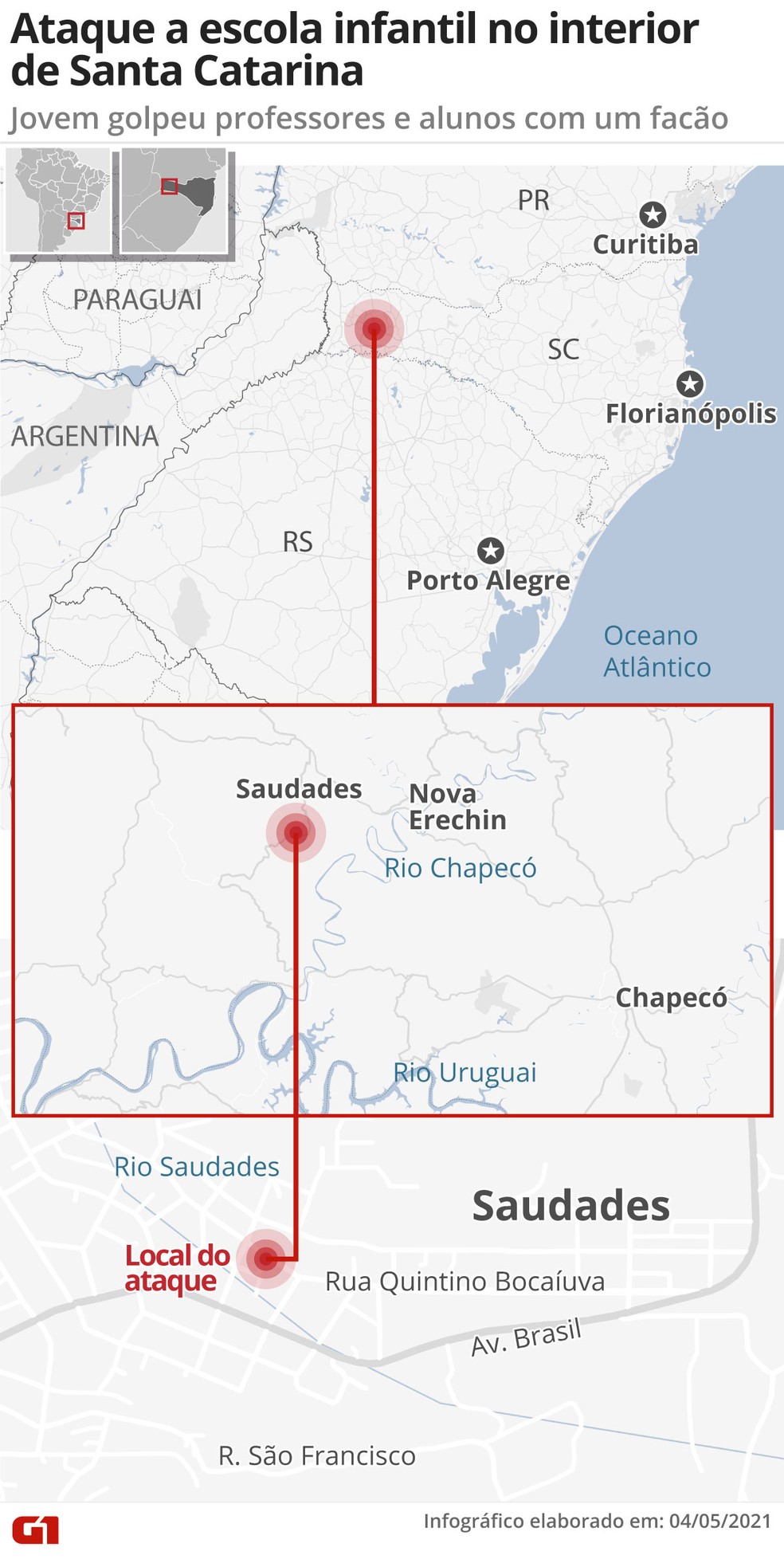 Atentado a creche em SC: infográfico mostra onde fica o estabelecimento em Santa Catarina — Foto: Editoria de arte/G1