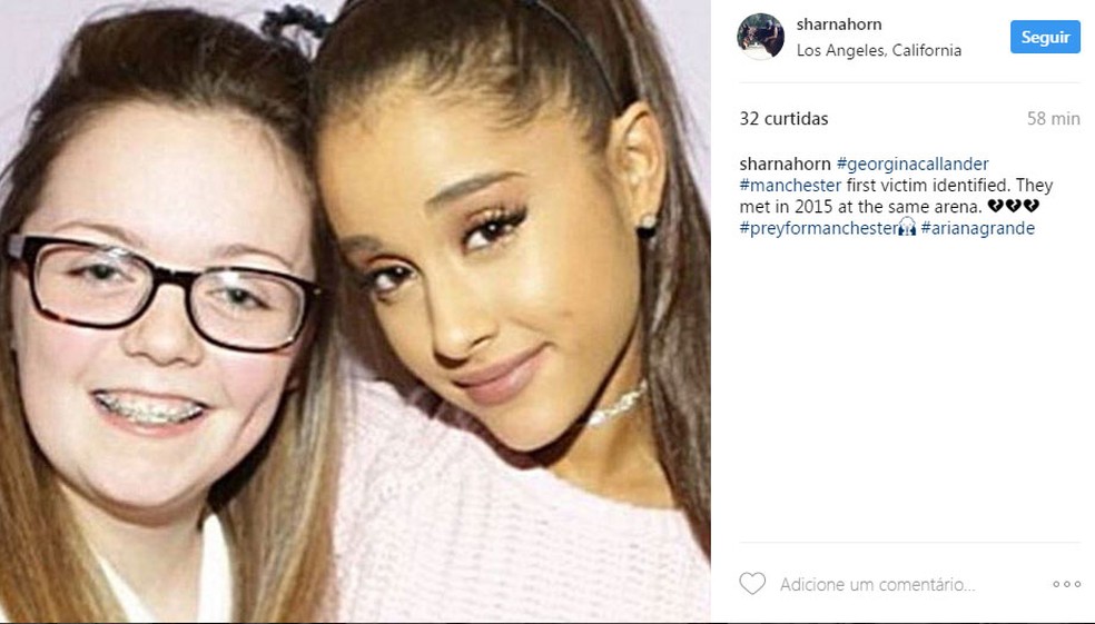 Georgina Callander, de 18 anos, que morreu na explosão postou foto com a cantora americana em 2015 (Foto: Reprodução Instagram)