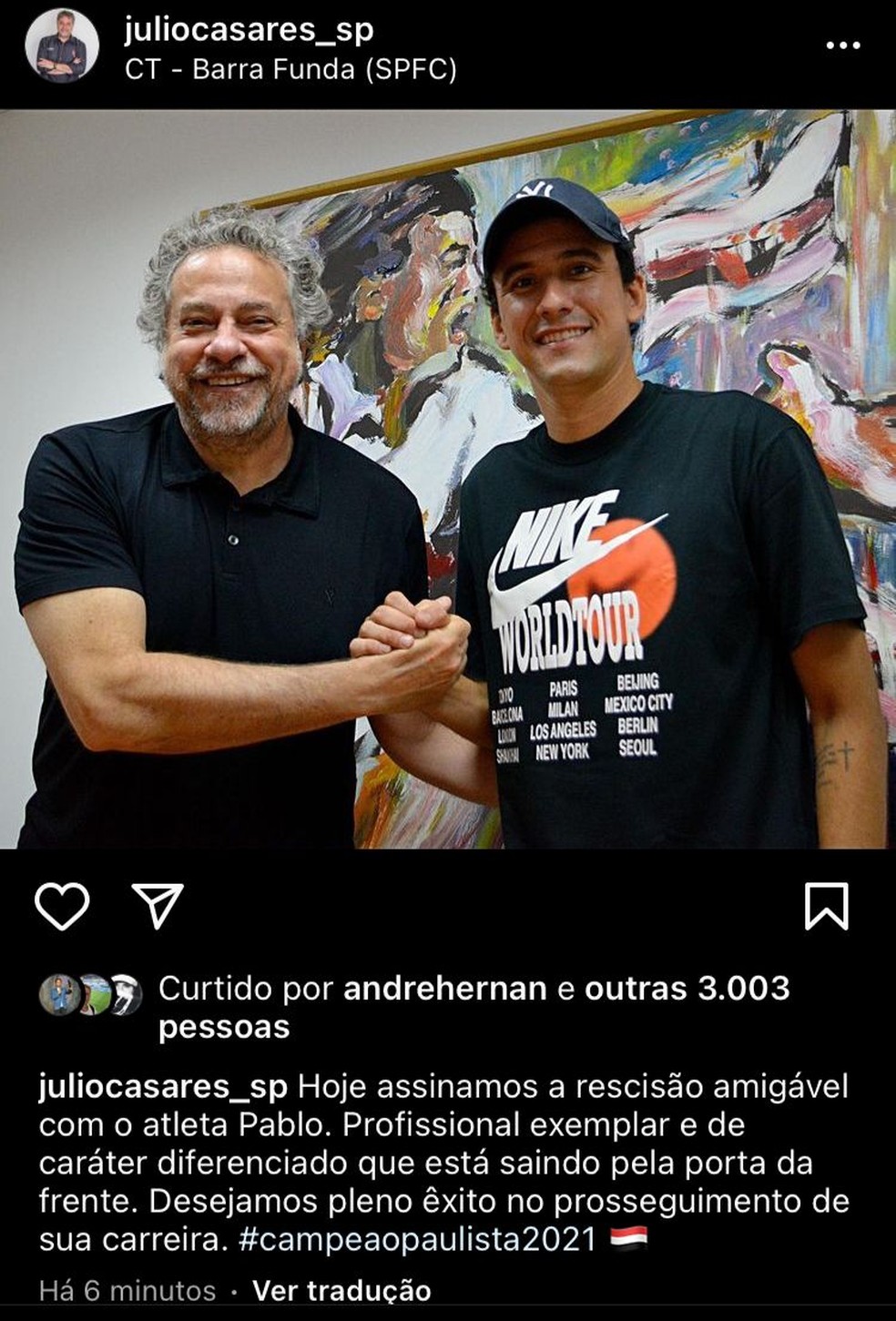 Julio Casares se despede de Pablo no São Paulo — Foto: Reprodução Instagram
