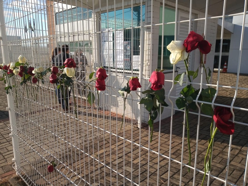 Manifestantes penduraram rosas nas grades do Fórum de Guarapuava — Foto: Bárbara Hammes/G1 PR