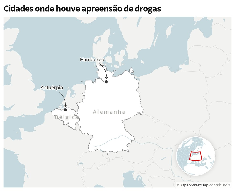 Mapa mostra localização das duas cidades portuárias onde houve apreensão de cocaína — Foto:  G1