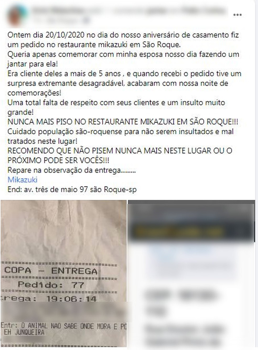 Morador postou indignação com comentário em comanda de entrega, em São Roque — Foto: Reprodução/Facebook