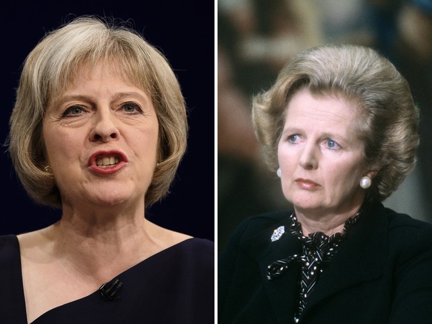 Fotos mostram a nova premiê Theresa May e a &#39;Dama de Ferro&#39; Margaret Thatcher, primeira-ministra que deixou o cargo em 1990 (Foto: Leon Neal e Gabriel Duval/AFP)