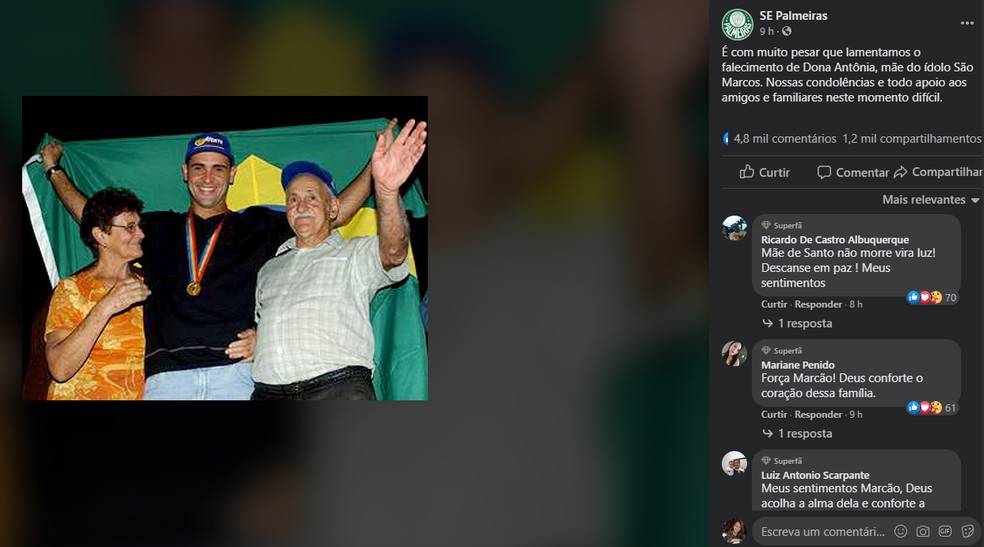Palmeiras divulgou nota de pesar pela morte da mãe do ex-goleiro Marcos — Foto: Facebook/Reprodução