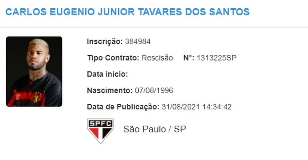 Júnior Tavares tem rescisão publicada no BID — Foto: Reprodução