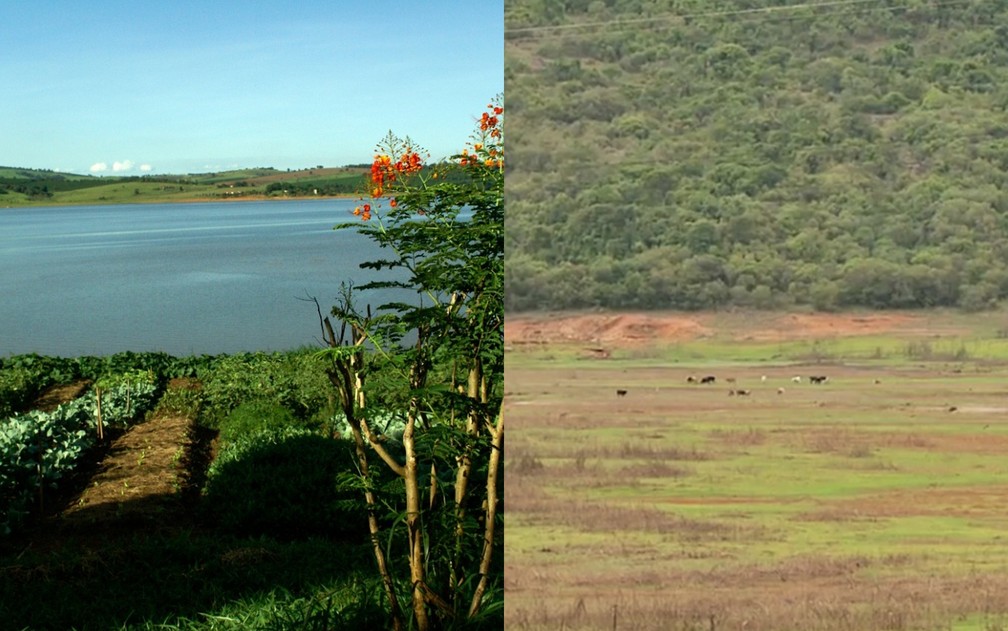 Imagens mostram antes e depois da seca no Lago de Furnas — Foto: Arquivo Pousada do Porto / EPTV