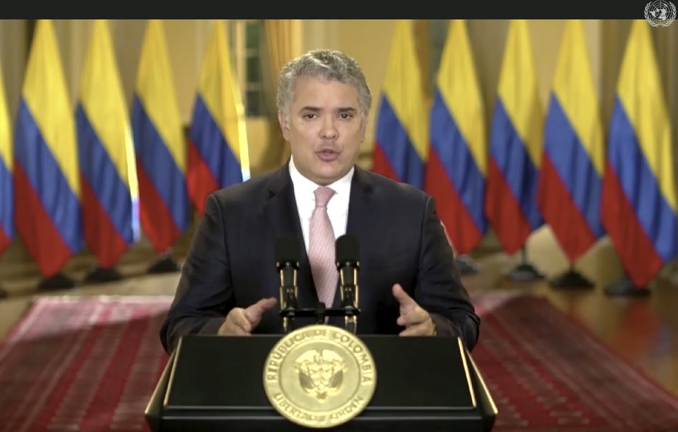 Iván Duque, presidente da Colômbia, durante discurso gravado para a Assembleia Geral da ONU em 2020 — Foto: UNTV via AP