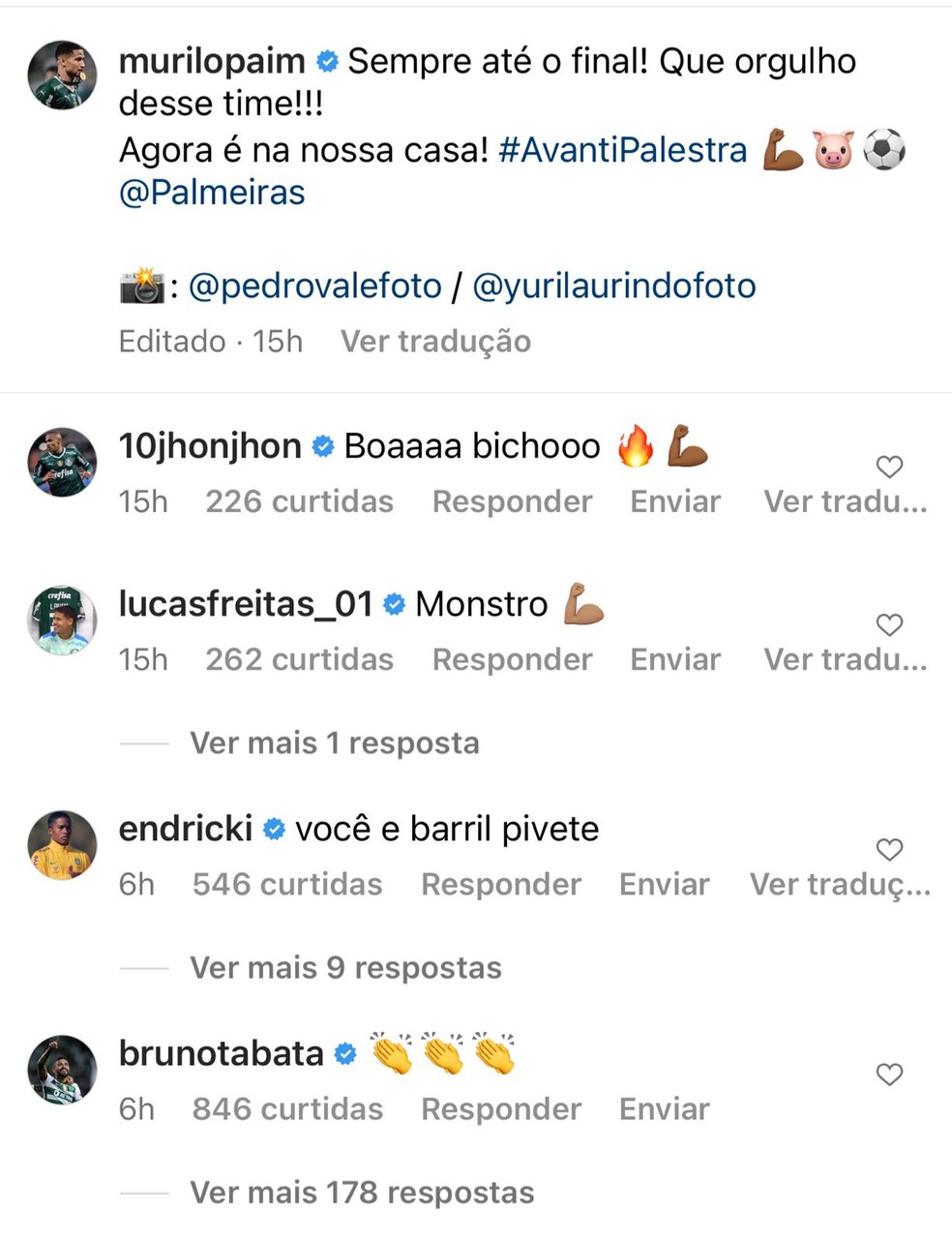 Bruno Tabata comenta em publicação de Murilo após empate do Palmeiras — Foto: Reprodução/Instagram