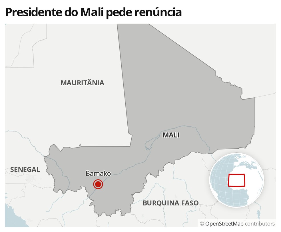 Mapa mostra a localização do Mali, onde o presidente Ibrahim Boubacar Keita, afirmou nesta terça-feira (18) que pediu renúncia do cargo e a dissolução do parlamento após um motim militar — Foto: G1