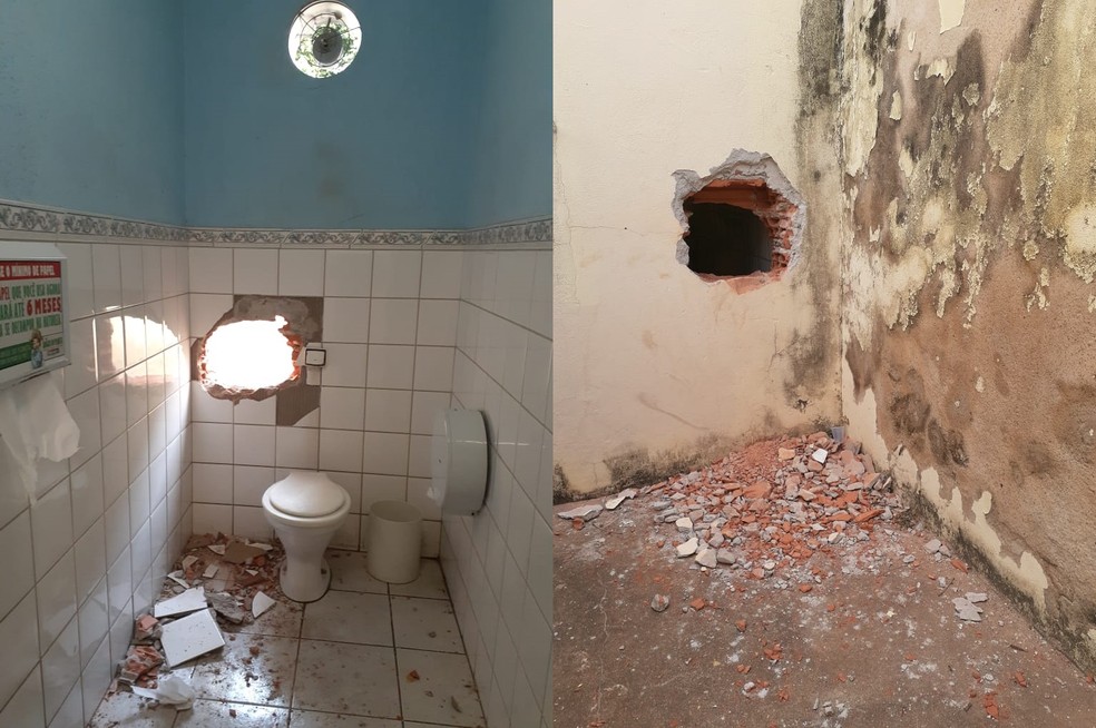 Criminosos fizeram buraco na parede do banheiro do prédio e tiveram acesso ao cofre do estabelecimento em Tupã — Foto: Mais Tupã/Reprodução