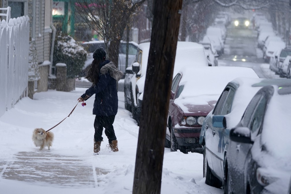 Mulher caminha com cachorro em meio a nevasca em Nova Jersey, EUA, em 1º de fevereiro de 2021 — Foto: Seth Wenig/AP