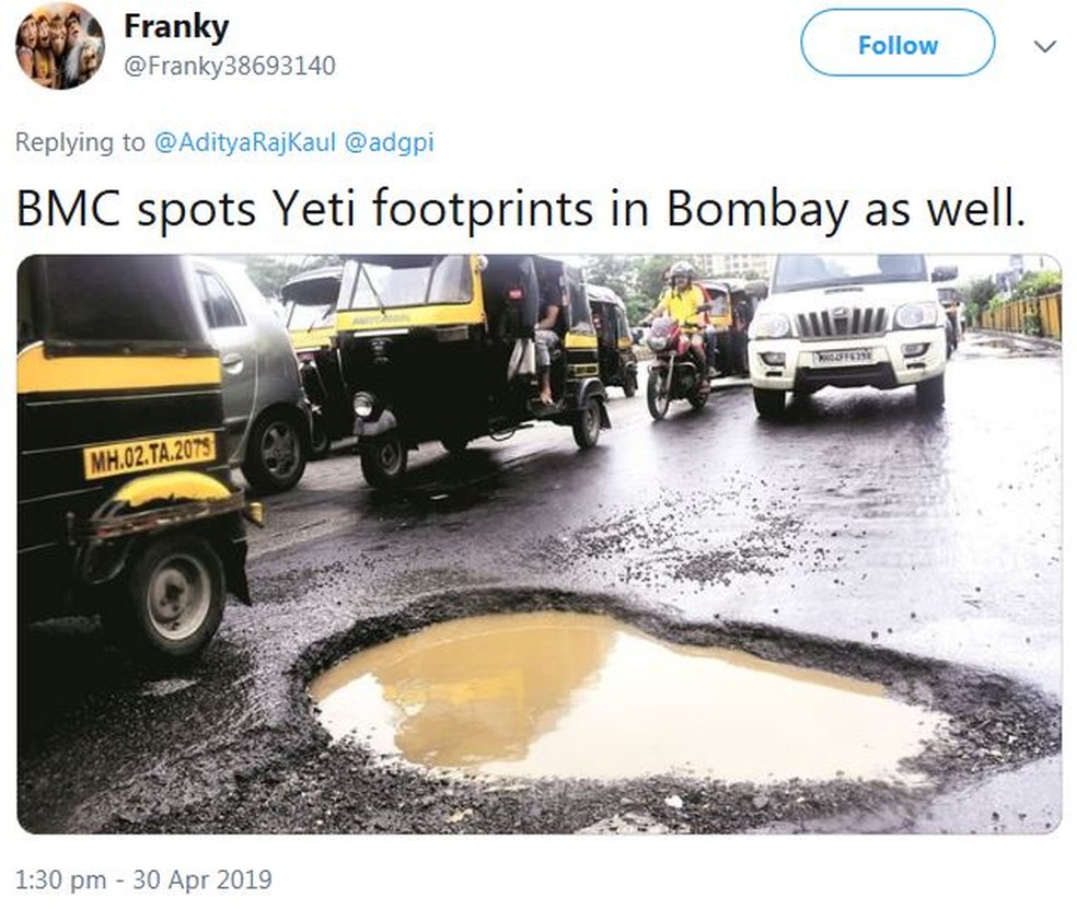'Prefeitura também achou pegadas do Yeti em Bombai' — Foto: Reprodução/Twitter