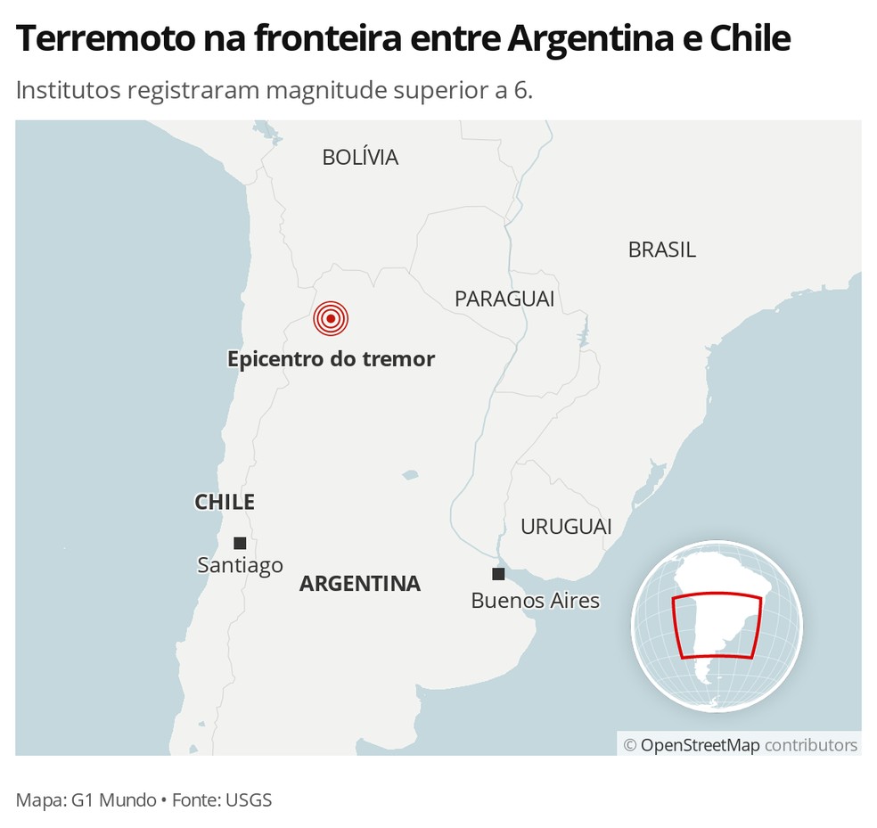 Terremoto na fronteira entre Argentina e Chile em 30 de novembro — Foto: G1 Mundo