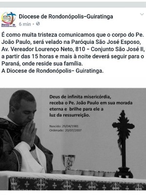Diocese fez postagem lamentando a morte do padre e comunicando horário do velório (Foto: Reprodução/ Facebook)