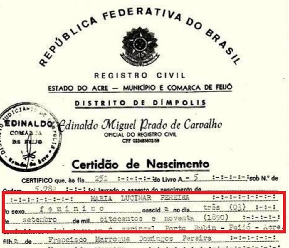 Certidão da indígena mostra que ela nasceu em 1890   — Foto: Pedro Campos, Arquivo pessoal 