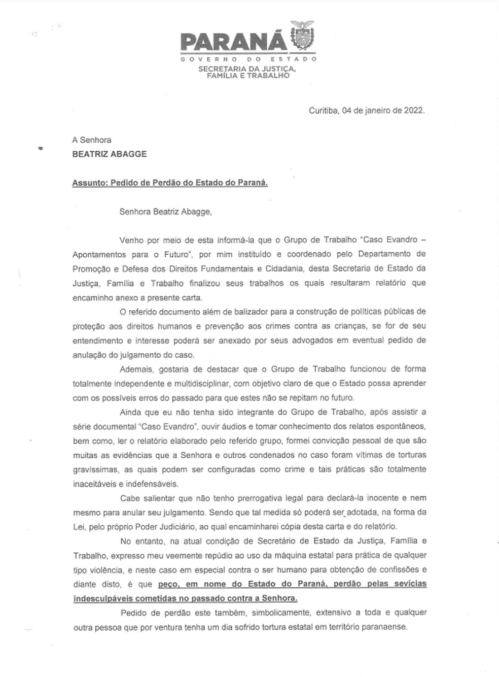 Pedido de desculpas foi assinado por secretário estadual — Foto: Reprodução/Governo do Paraná