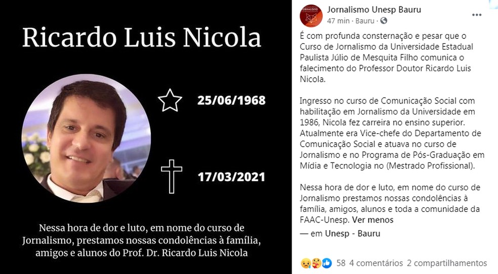 Curso de jornalismo da Unesp em Bauru emitiu nota de luto após morte do professor Ricardo Nicola — Foto: Facebook/Reprodução