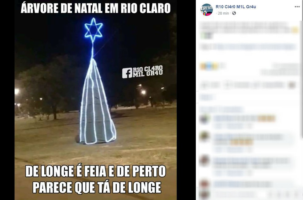 Árvore de Natal da Prefeitura de Rio Claro vira meme — Foto: Reprodução/Facebook
