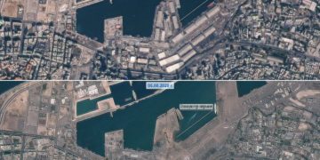 Roskosmos published satellite images of the port of Beirut before and after the blast